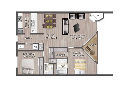 Floor plan for 2 beds, 1.5 baths, 1200 sqft